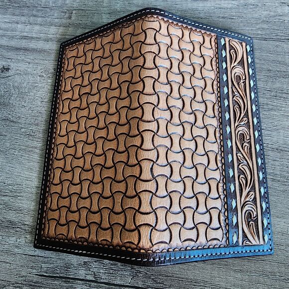 Country Western Floral Tooled Geometric Leather Rodeo Wallet Rawhide Buck Stitch - Picture 6 of 7